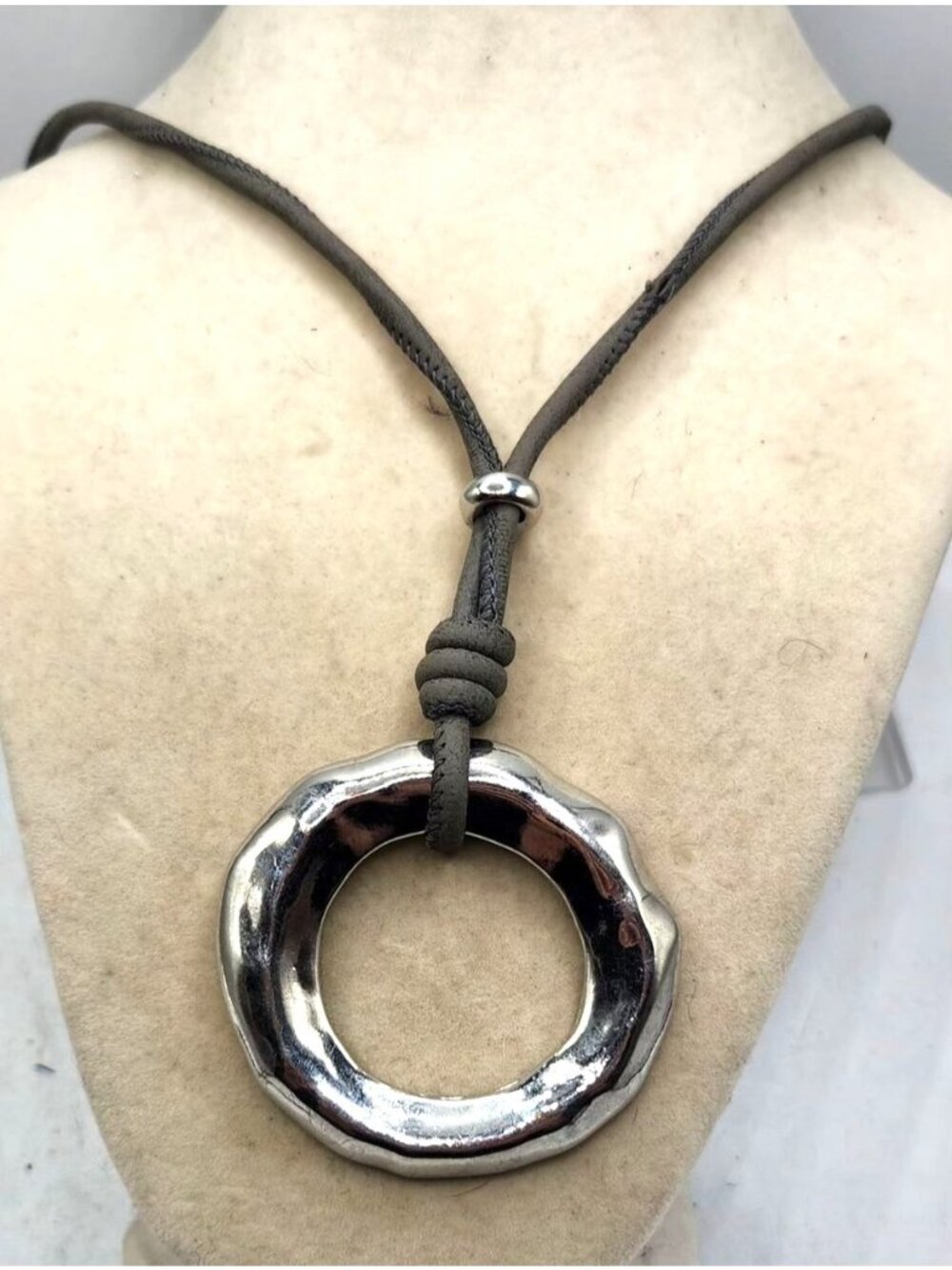 Silver-Tone Circular Pendant Necklace On Adjustable Leather Cord